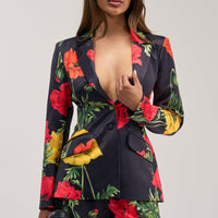 « Fleur Sauvage » — Blazer Satiné Fleuri, Noir et Rouge