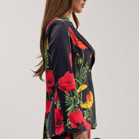 « Fleur Sauvage » — Blazer Satiné Fleuri, Noir et Rouge
