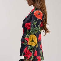 « Fleur Sauvage » — Blazer Satiné Fleuri, Noir et Rouge