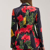 « Fleur Sauvage » — Blazer Satiné Fleuri, Noir et Rouge