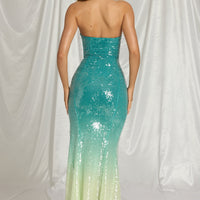 « Vague » — Robe Longue Bandeau Pailletée Dégradée, Bleu Ombré
