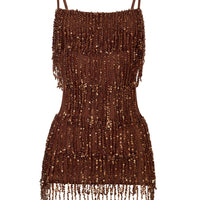 « Sirocco » — Robe Mini Dos Nu à Franges Perlées, Dégradé Brun
