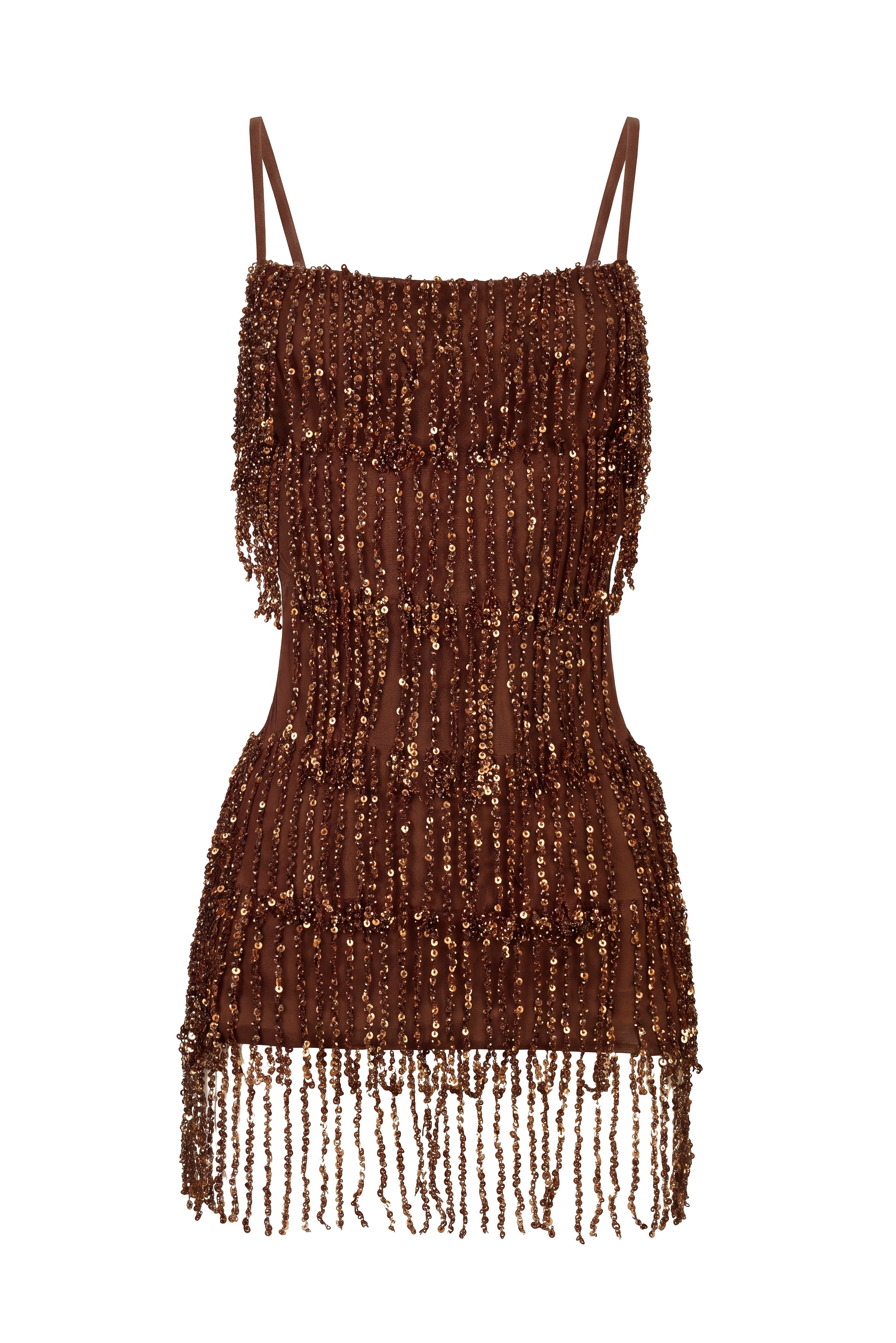 « Sirocco » — Robe Mini Dos Nu à Franges Perlées, Dégradé Brun