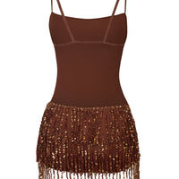« Sirocco » — Robe Mini Dos Nu à Franges Perlées, Dégradé Brun