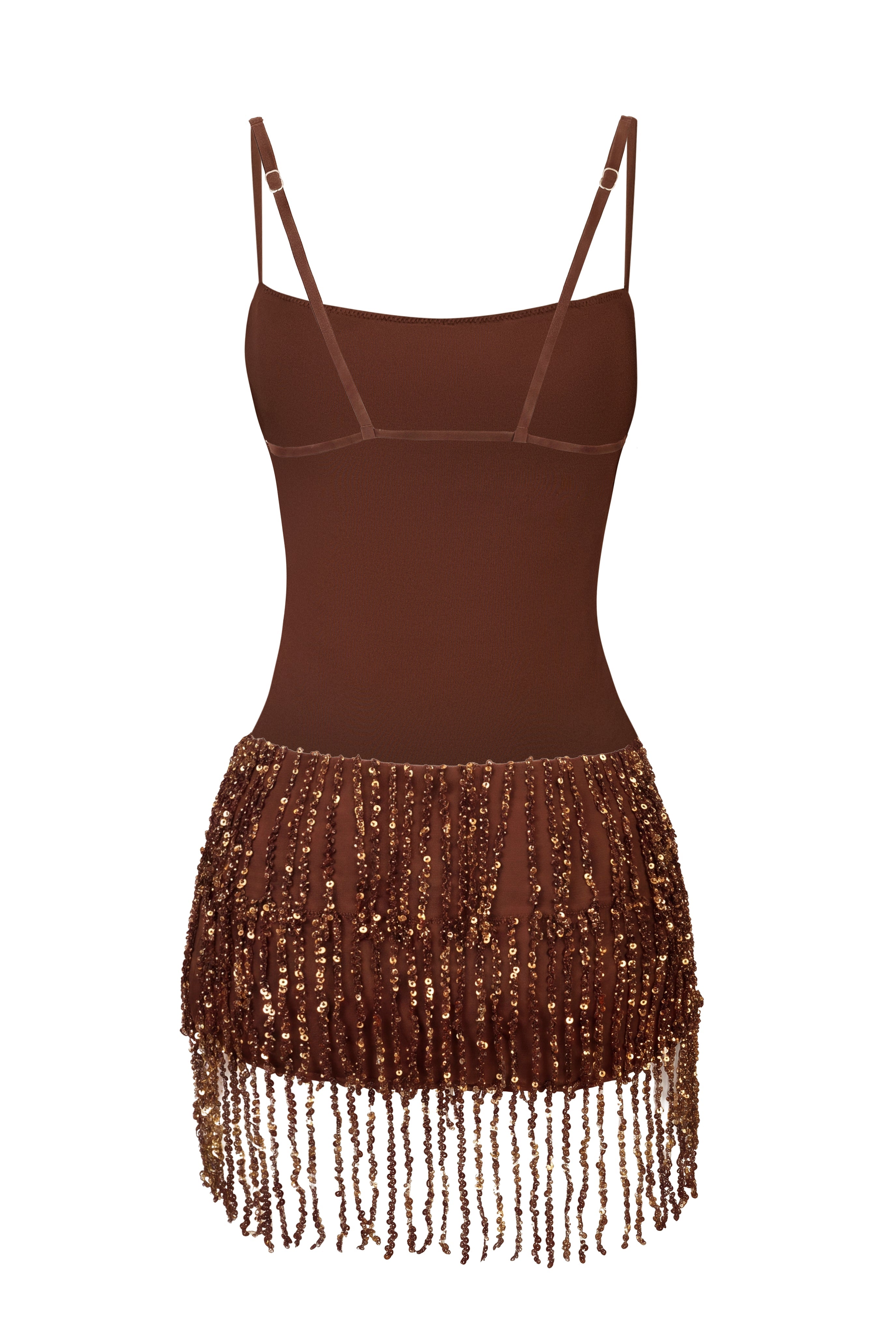 « Sirocco » — Robe Mini Dos Nu à Franges Perlées, Dégradé Brun