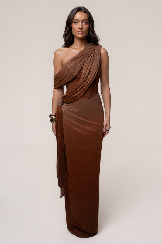 « Céleste » — Robe Longue Drapée Bandage, Or