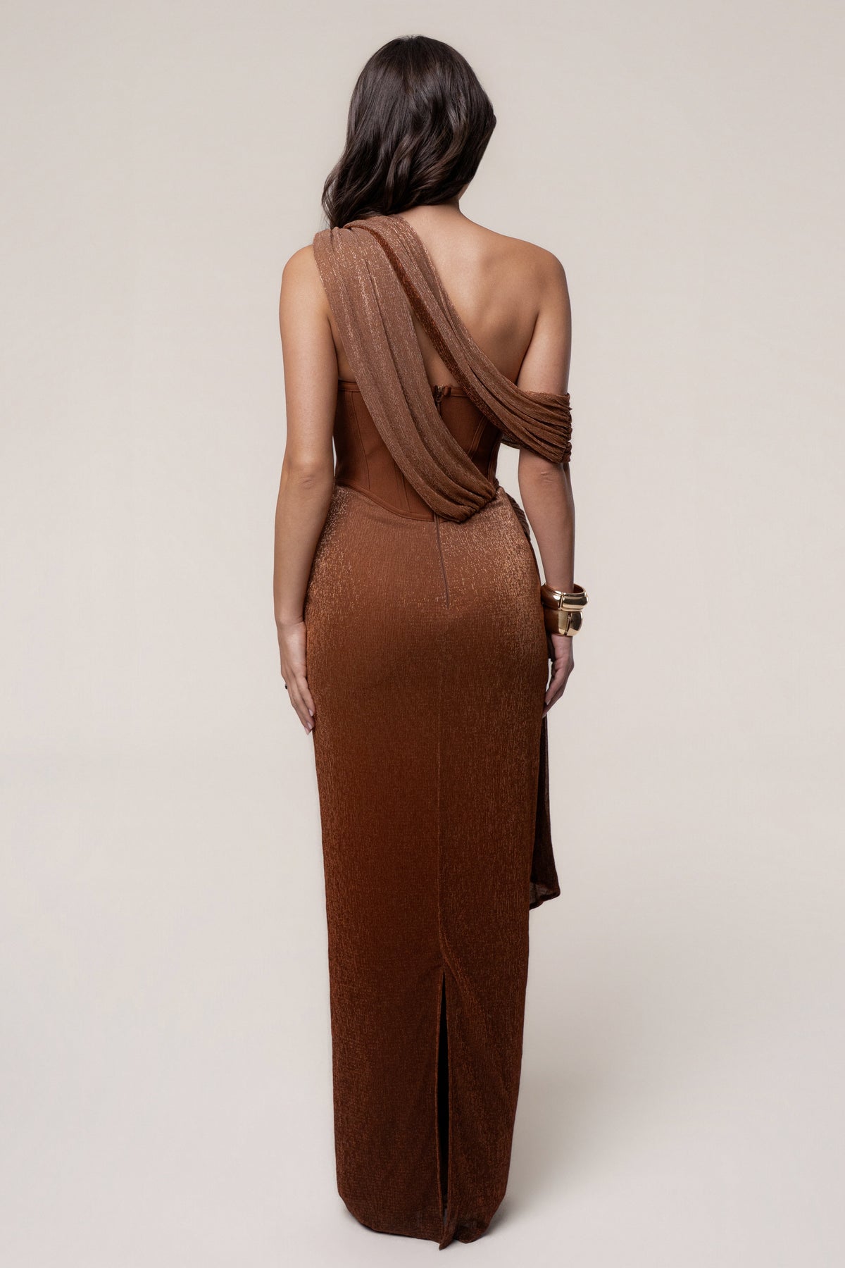 « Céleste » — Robe Longue Drapée Bandage, Or