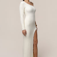 « Neige Alpine » — Robe Longue Asymétrique Fendue, Ivoire