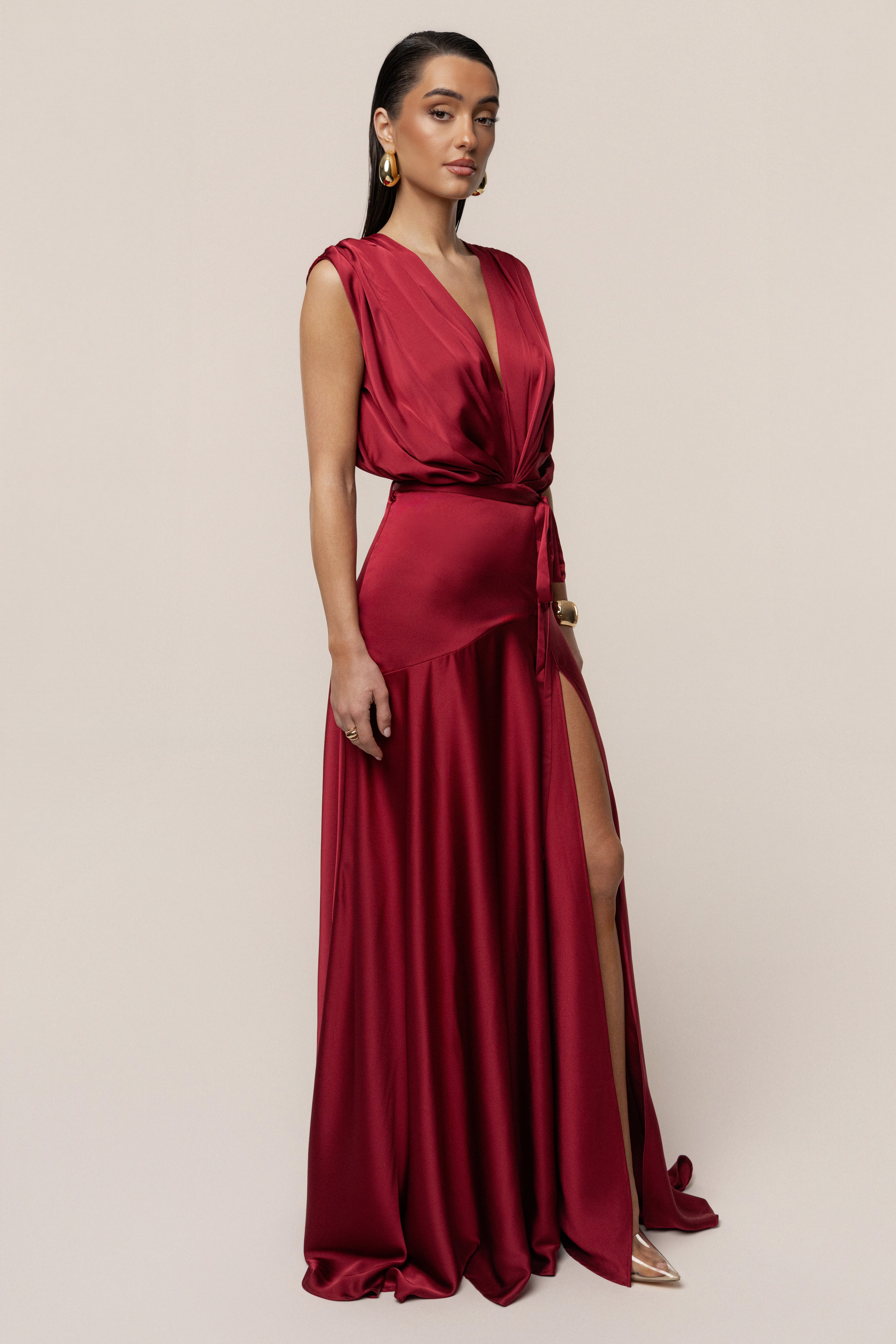 « Amalia » — Robe Longue Satinée, Rouge