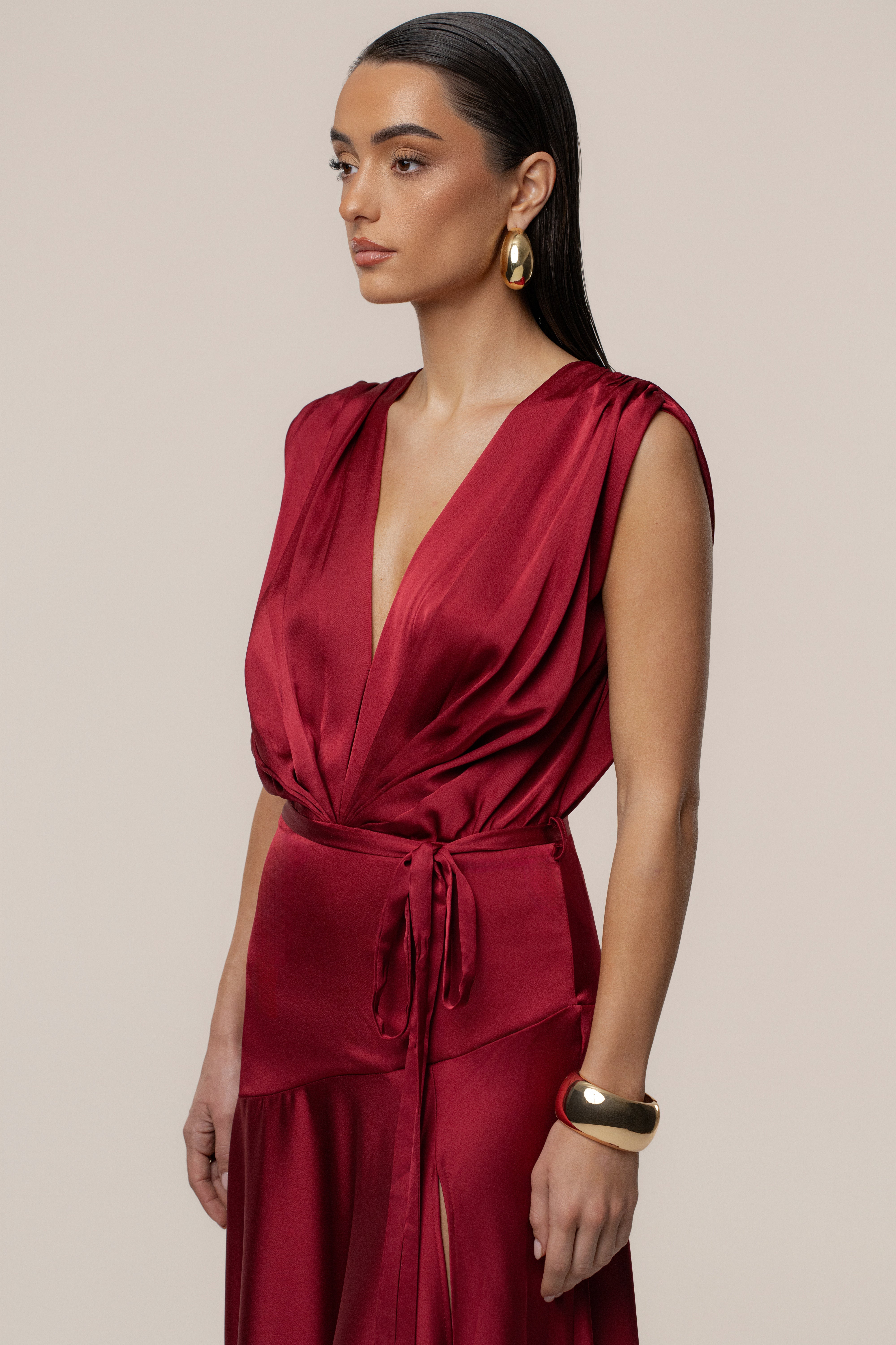 « Amalia » — Robe Longue Satinée, Rouge