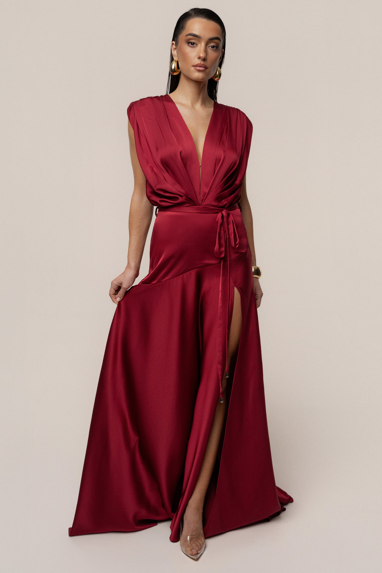 « Amalia » — Robe Longue Satinée, Rouge
