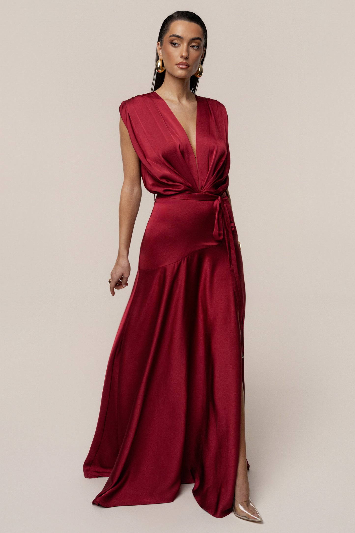 « Amalia » — Robe Longue Satinée, Rouge