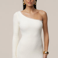 « Neige Alpine » — Robe Longue Asymétrique Fendue, Ivoire