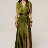 « Amalia » — Robe Longue Satinée, Olive
