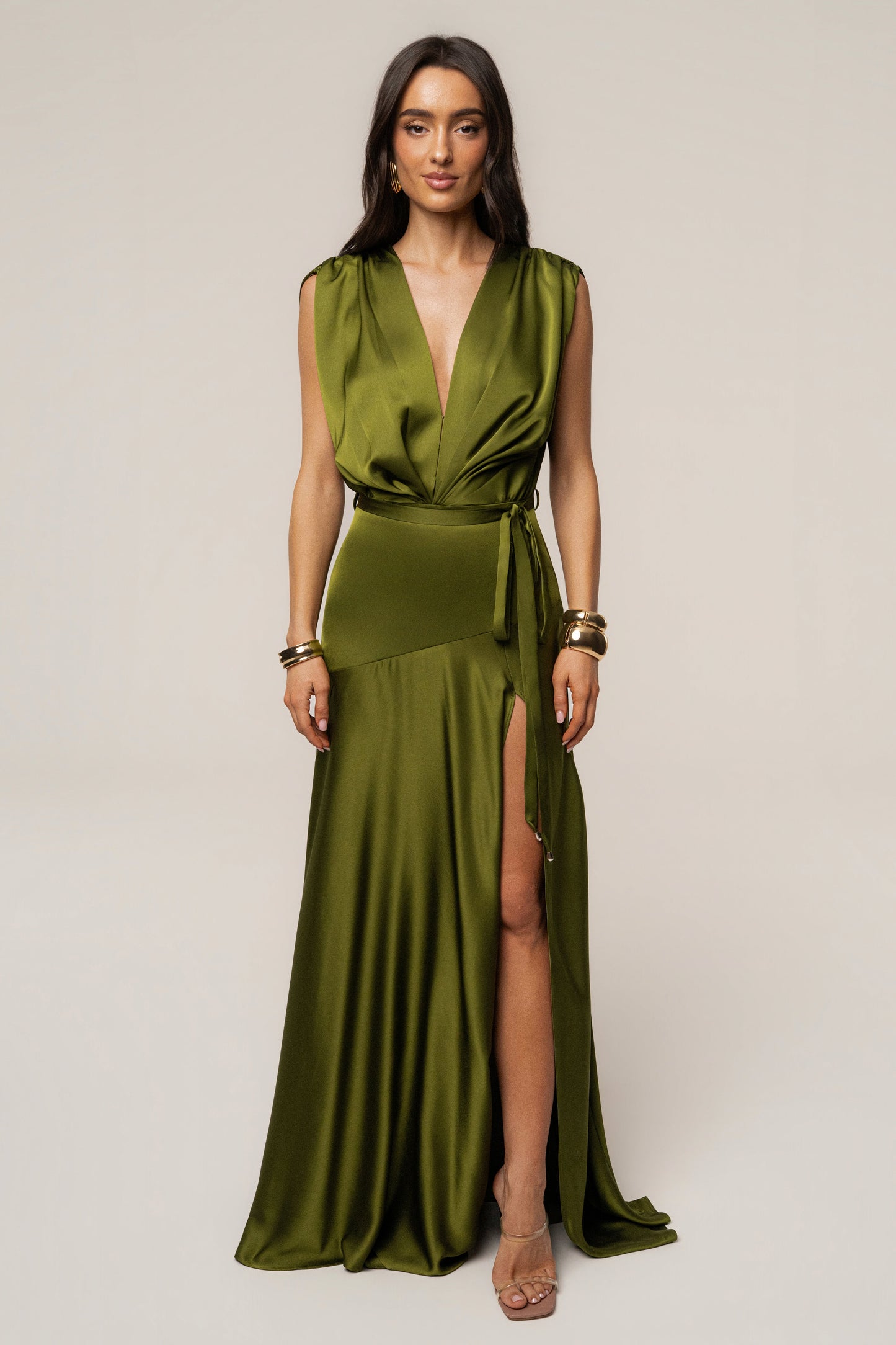 « Amalia » — Robe Longue Satinée, Olive