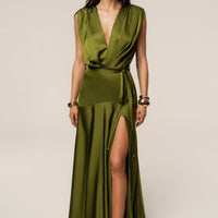 « Amalia » — Robe Longue Satinée, Olive