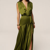 « Amalia » — Robe Longue Satinée, Olive