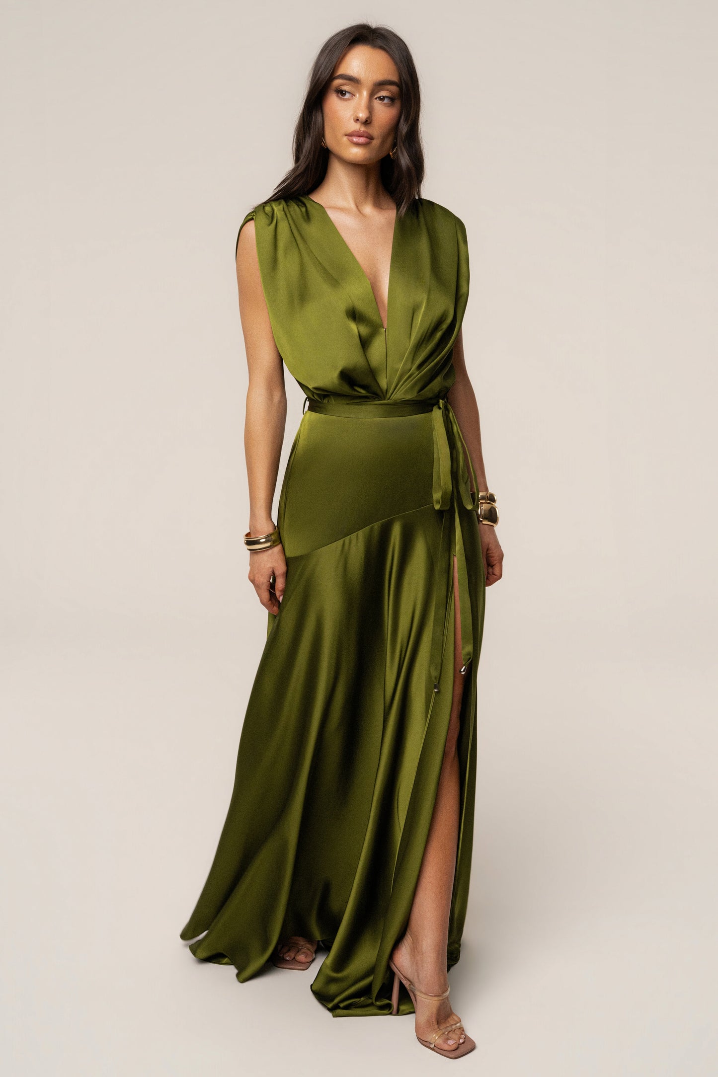 « Amalia » — Robe Longue Satinée, Olive