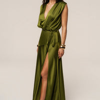 « Amalia » — Robe Longue Satinée, Olive