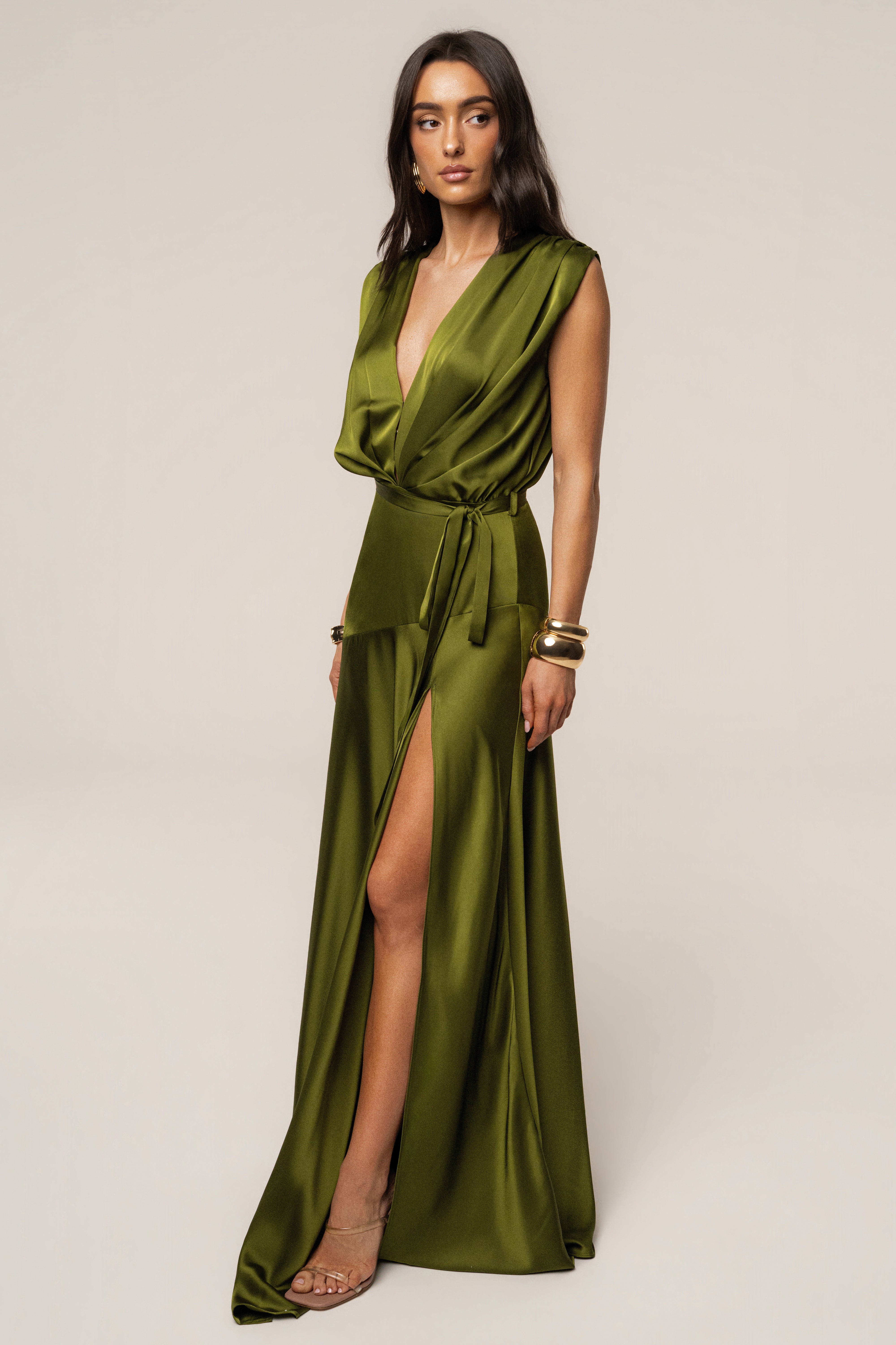 « Amalia » — Robe Longue Satinée, Olive