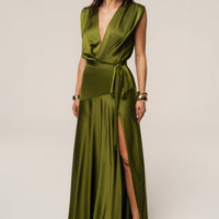« Amalia » — Robe Longue Satinée, Olive