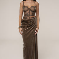 « Élégance » — Bustier en Velours et Dentelle, Taupe Foncé