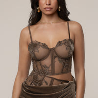 « Élégance » — Bustier en Velours et Dentelle, Taupe Foncé