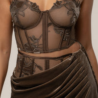 « Élégance » — Bustier en Velours et Dentelle, Taupe Foncé