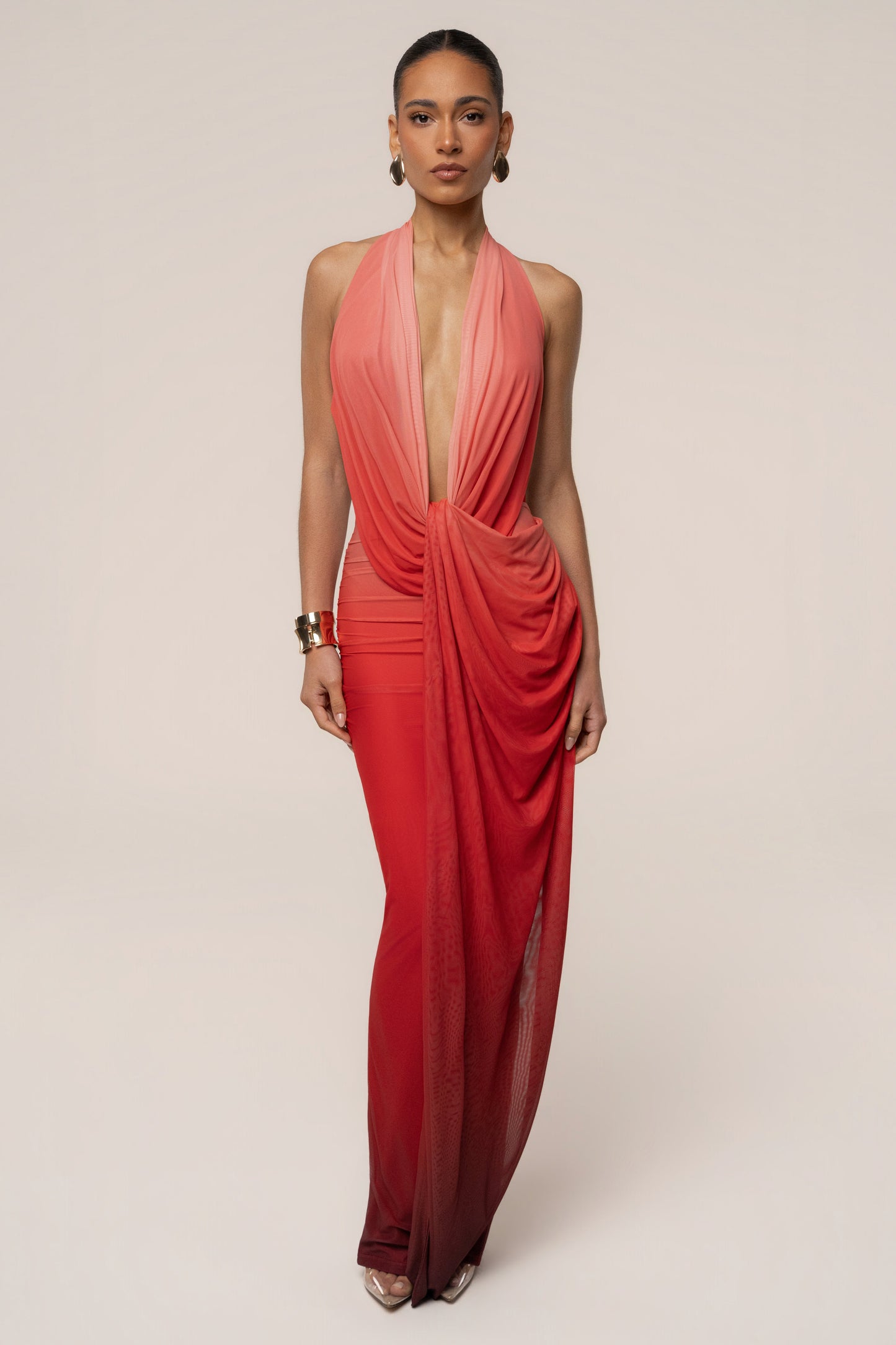 « Alaina » — Robe Longue Plongeante Dos Nu, Dégradé Terracotta
