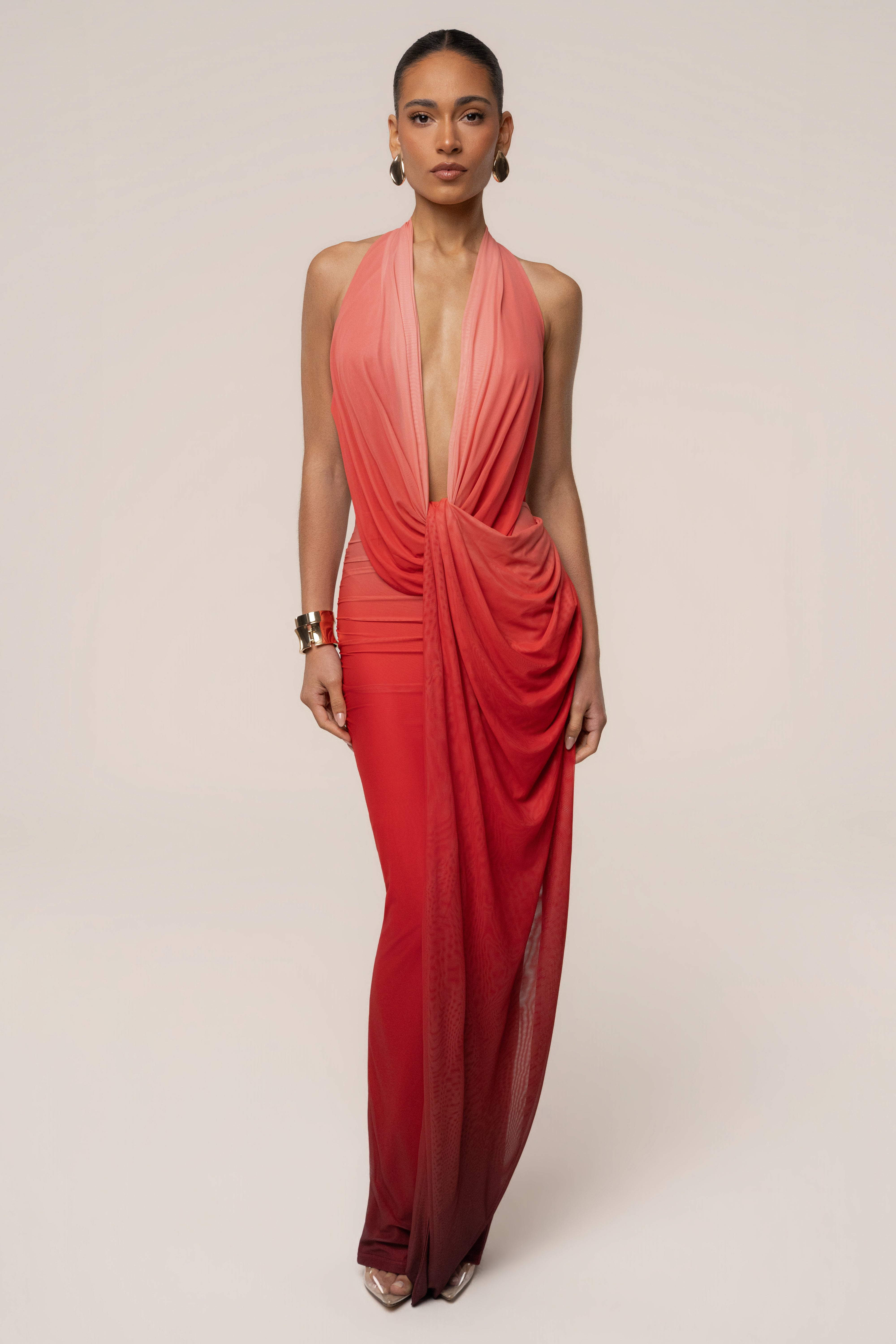 « Alaina » — Robe Longue Plongeante Dos Nu, Dégradé Terracotta