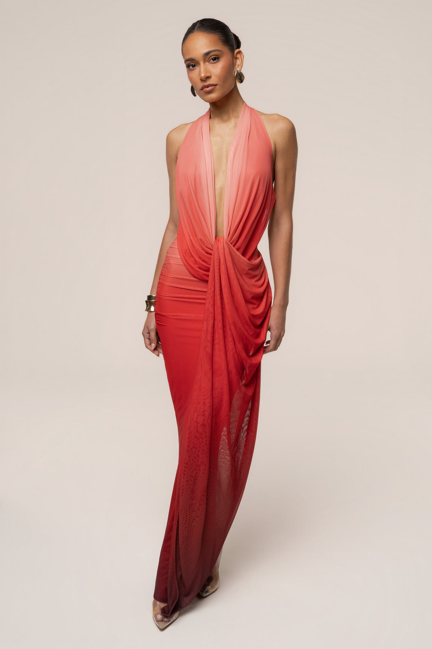 « Alaina » — Robe Longue Plongeante Dos Nu, Dégradé Terracotta