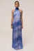 « Vagues du Couchant » — Robe Longue Dos Nu Imprimée, Bleu