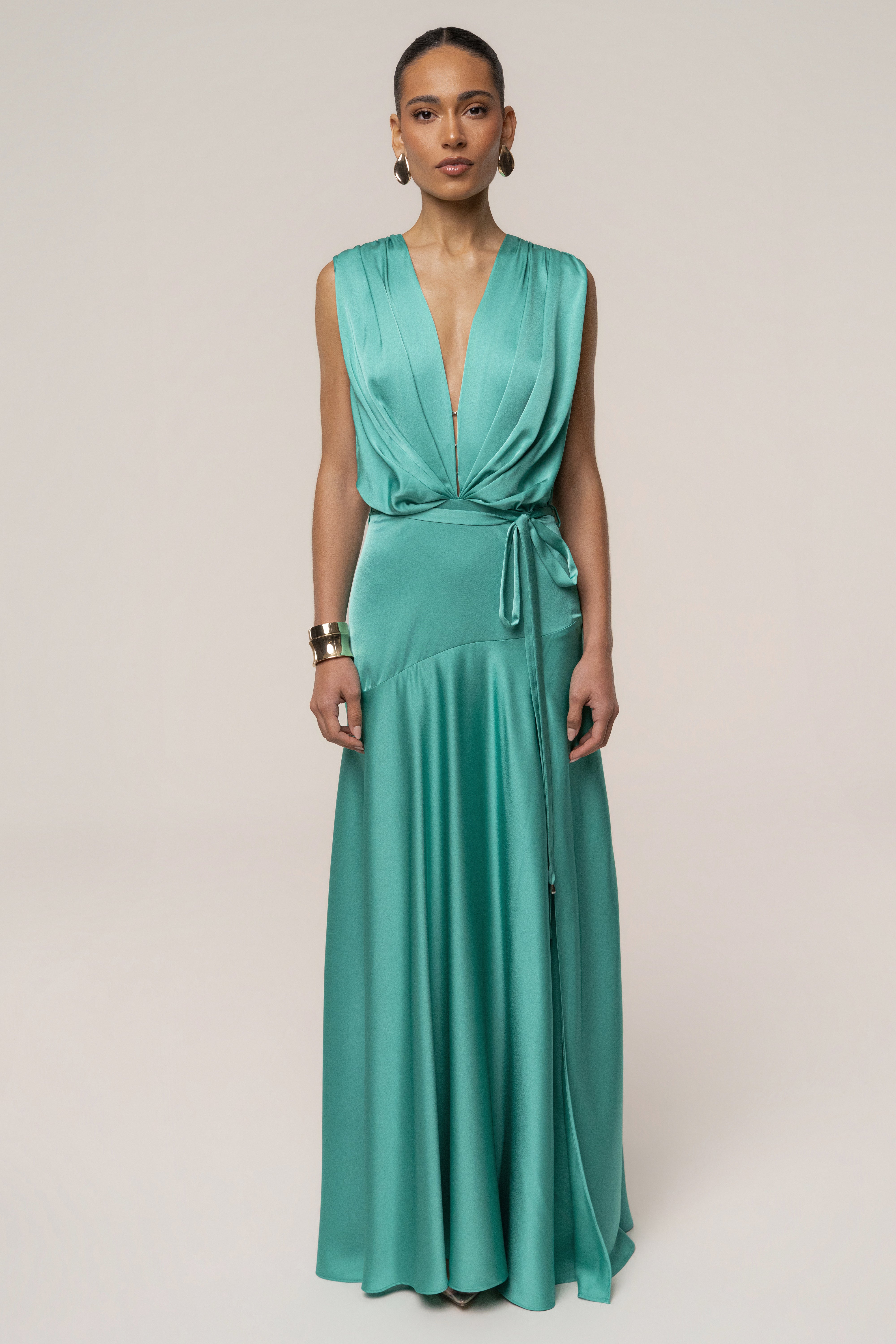 « Amalia » — Robe Longue Satinée, Aqua