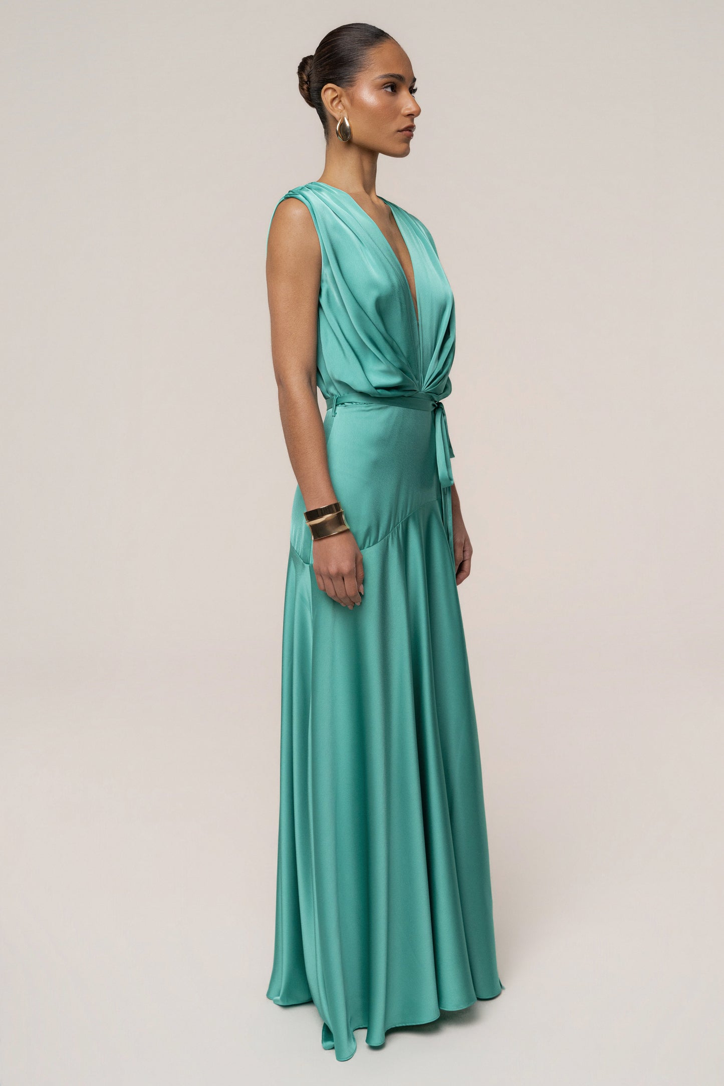 « Amalia » — Robe Longue Satinée, Aqua
