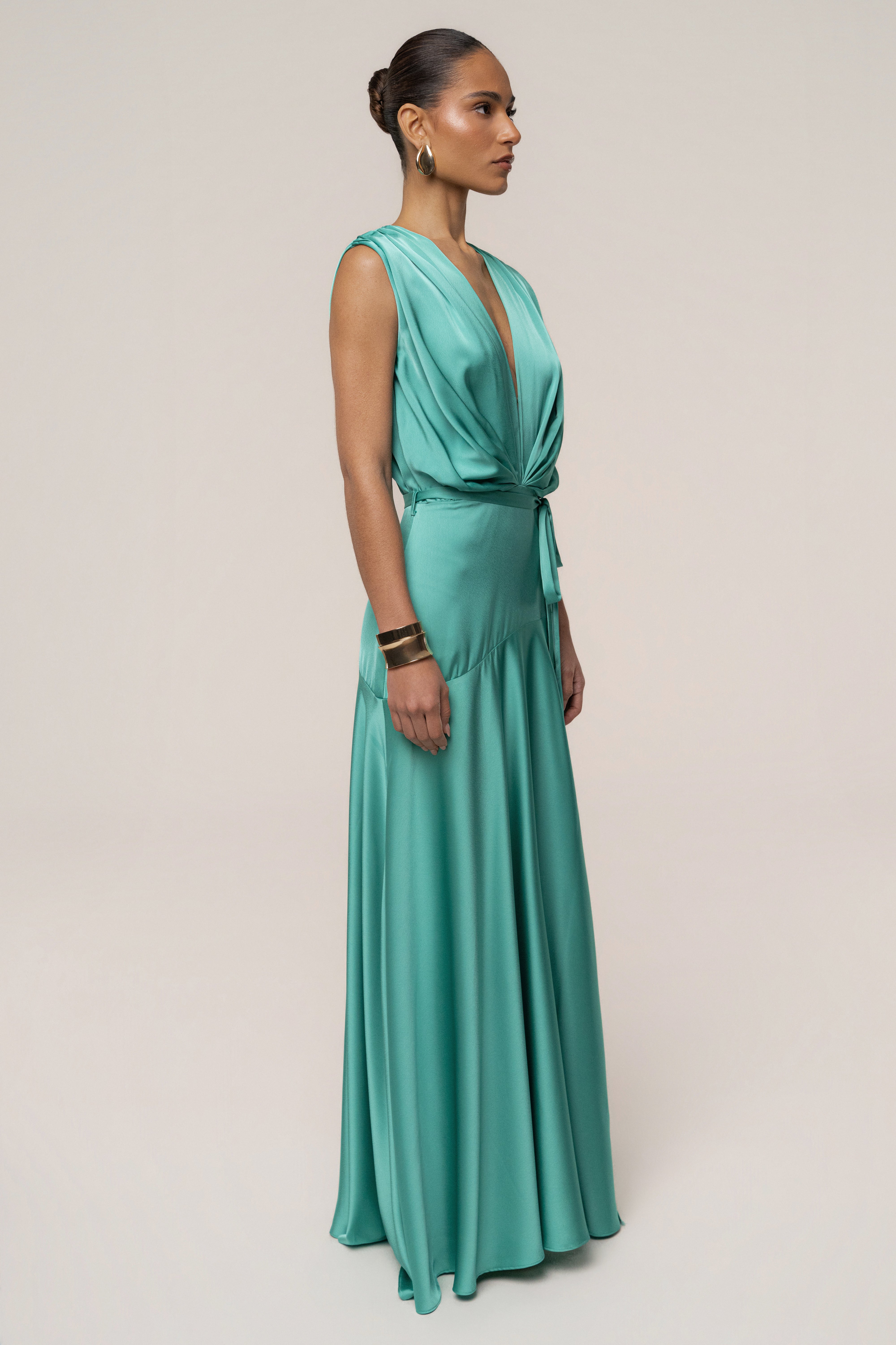 « Amalia » — Robe Longue Satinée, Aqua