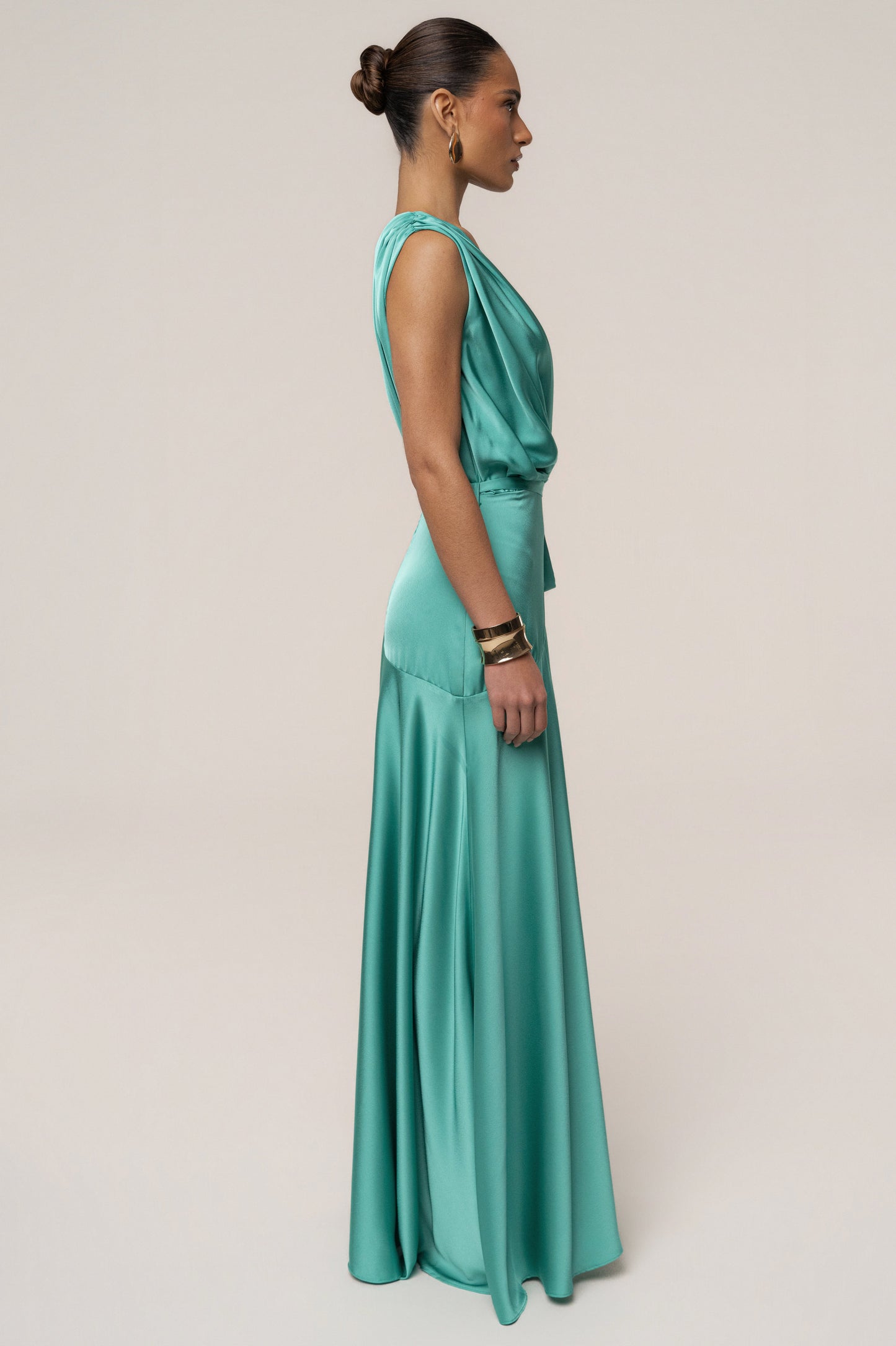 « Amalia » — Robe Longue Satinée, Aqua