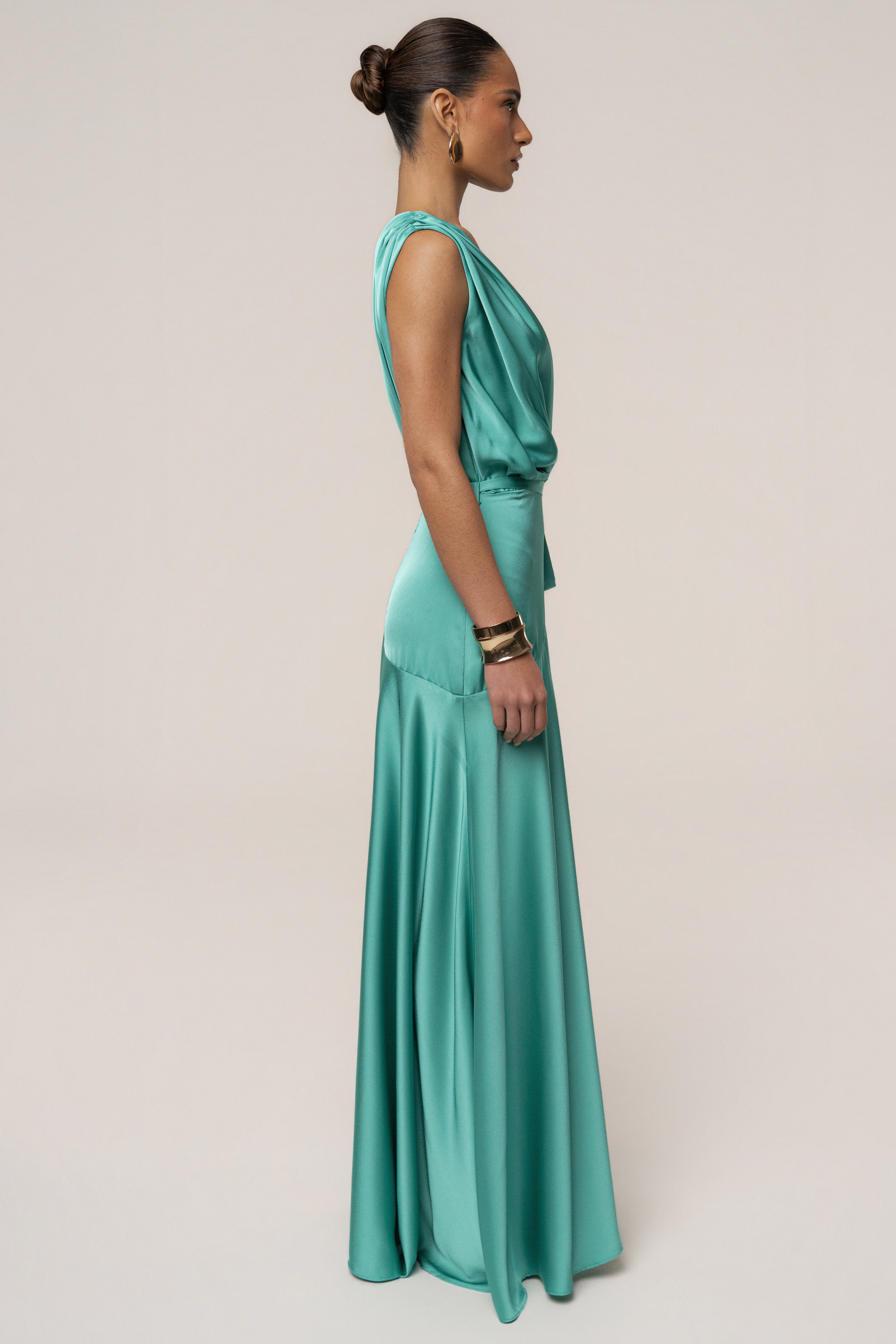 « Amalia » — Robe Longue Satinée, Aqua