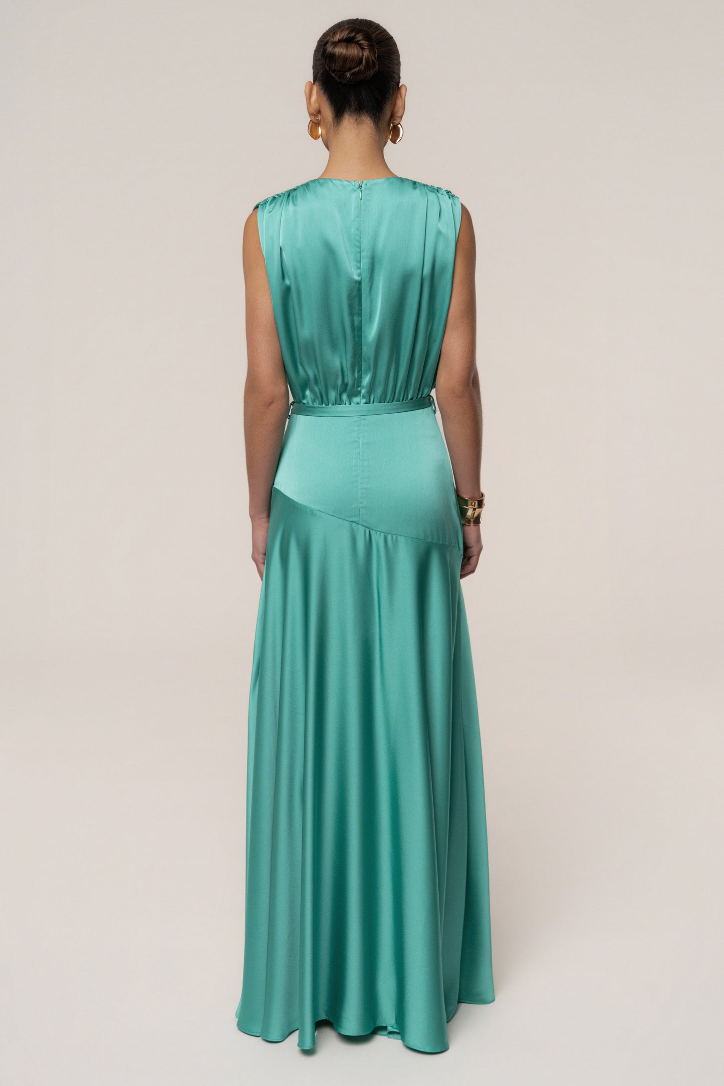 « Amalia » — Robe Longue Satinée, Aqua
