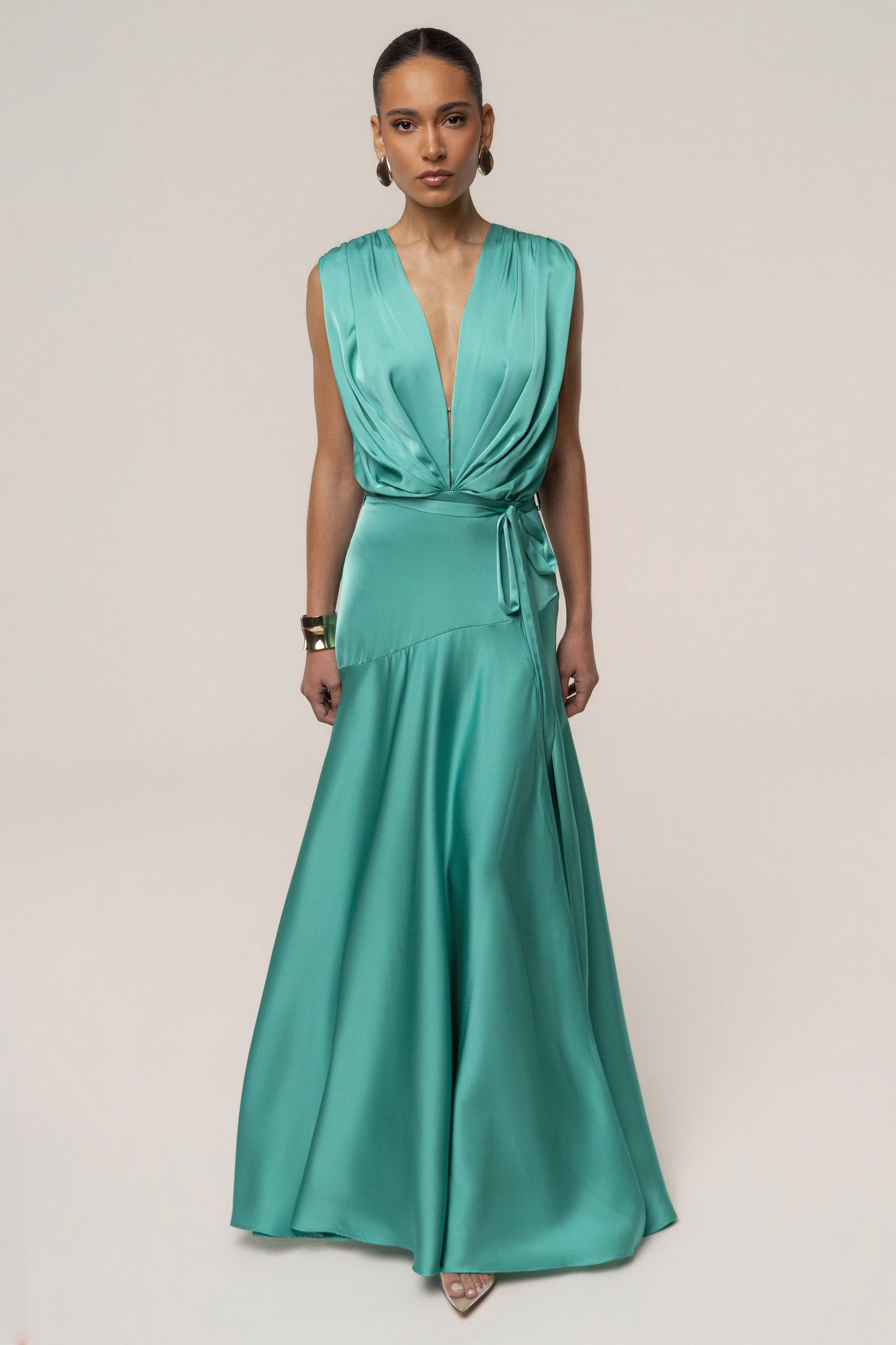 « Amalia » — Robe Longue Satinée, Aqua