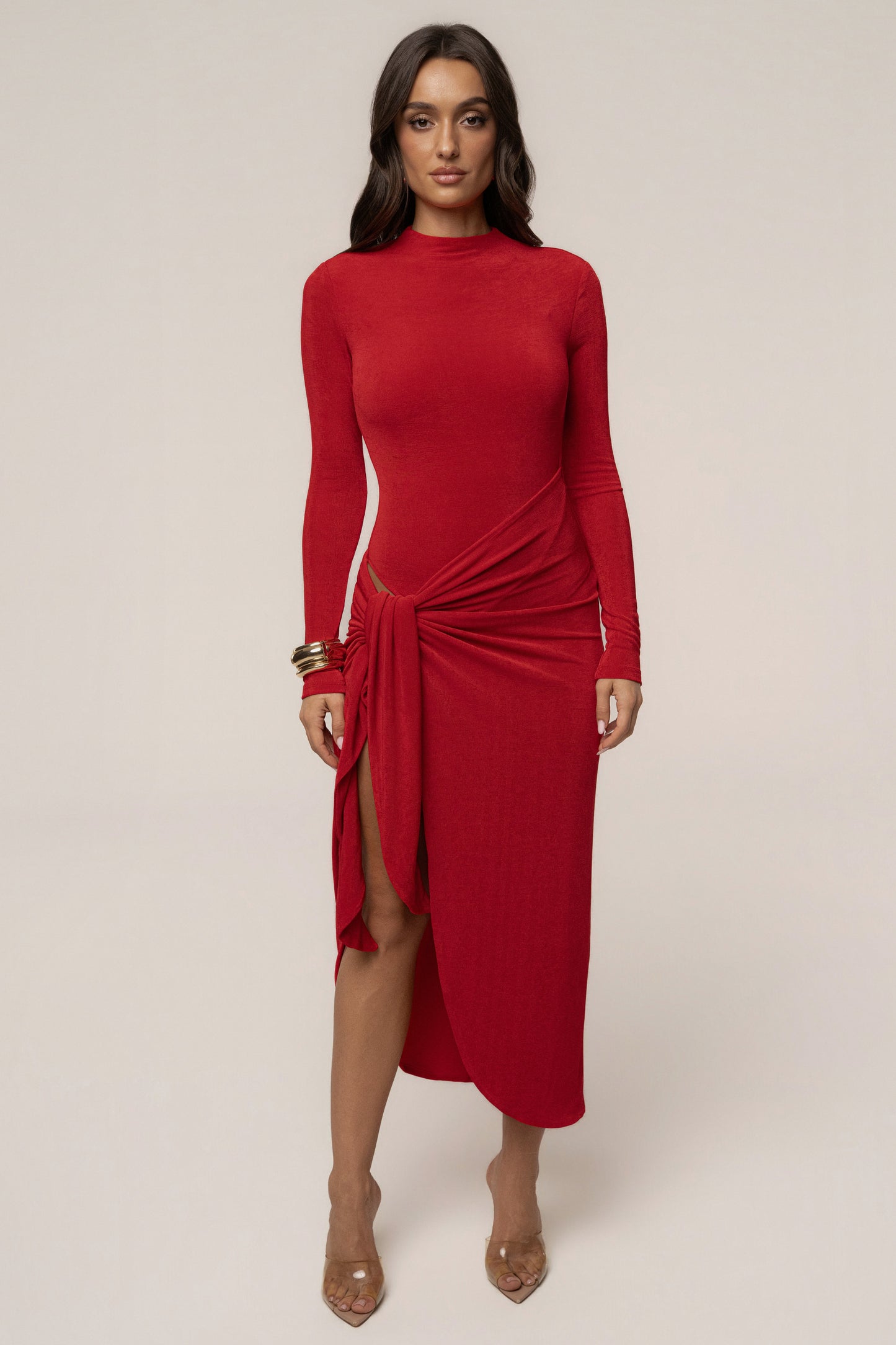 « Dernière Lueur » — Robe Midi Froncée à Fente, Rouge
