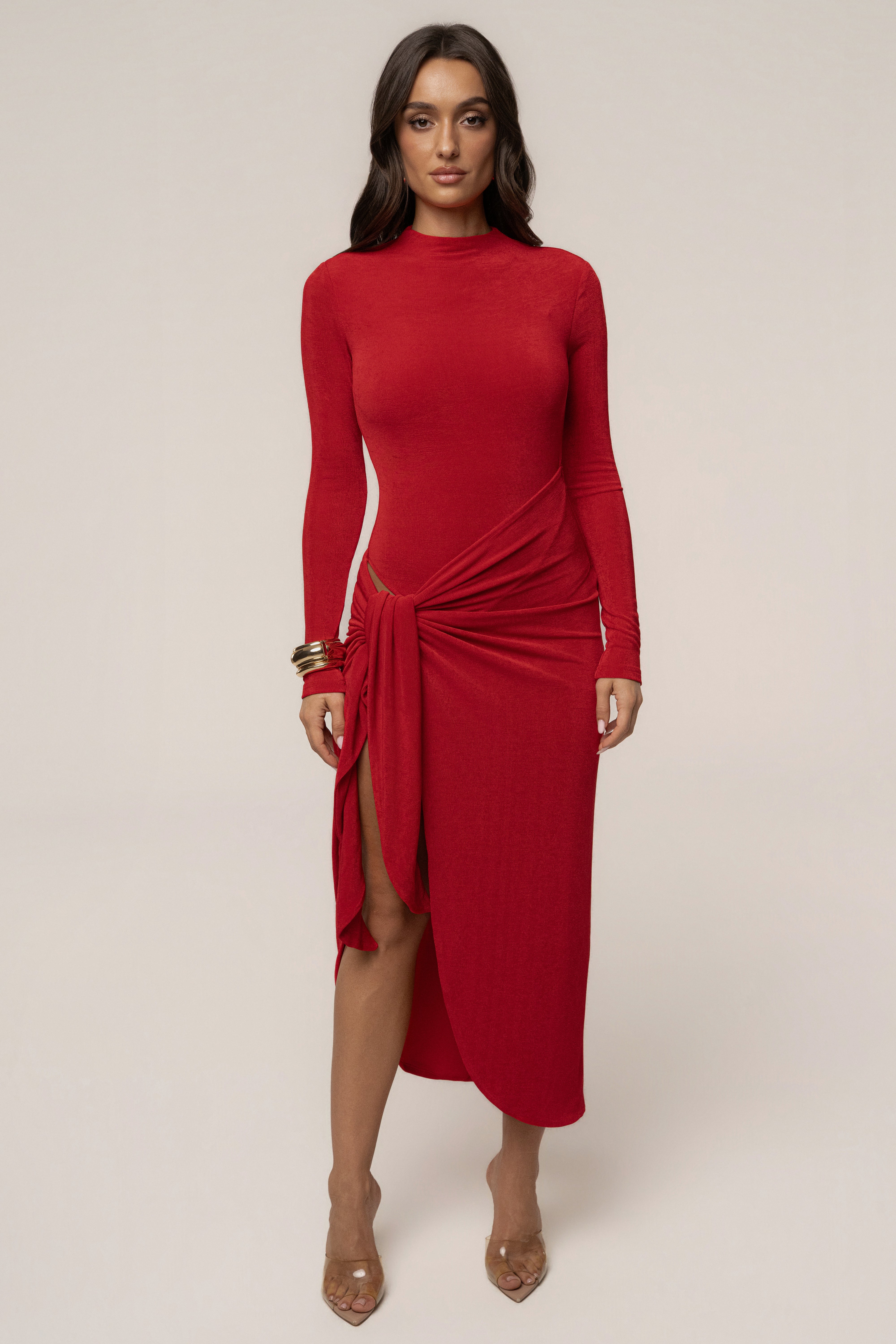 « Dernière Lueur » — Robe Midi Froncée à Fente, Rouge