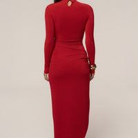 « Dernière Lueur » — Robe Midi Froncée à Fente, Rouge