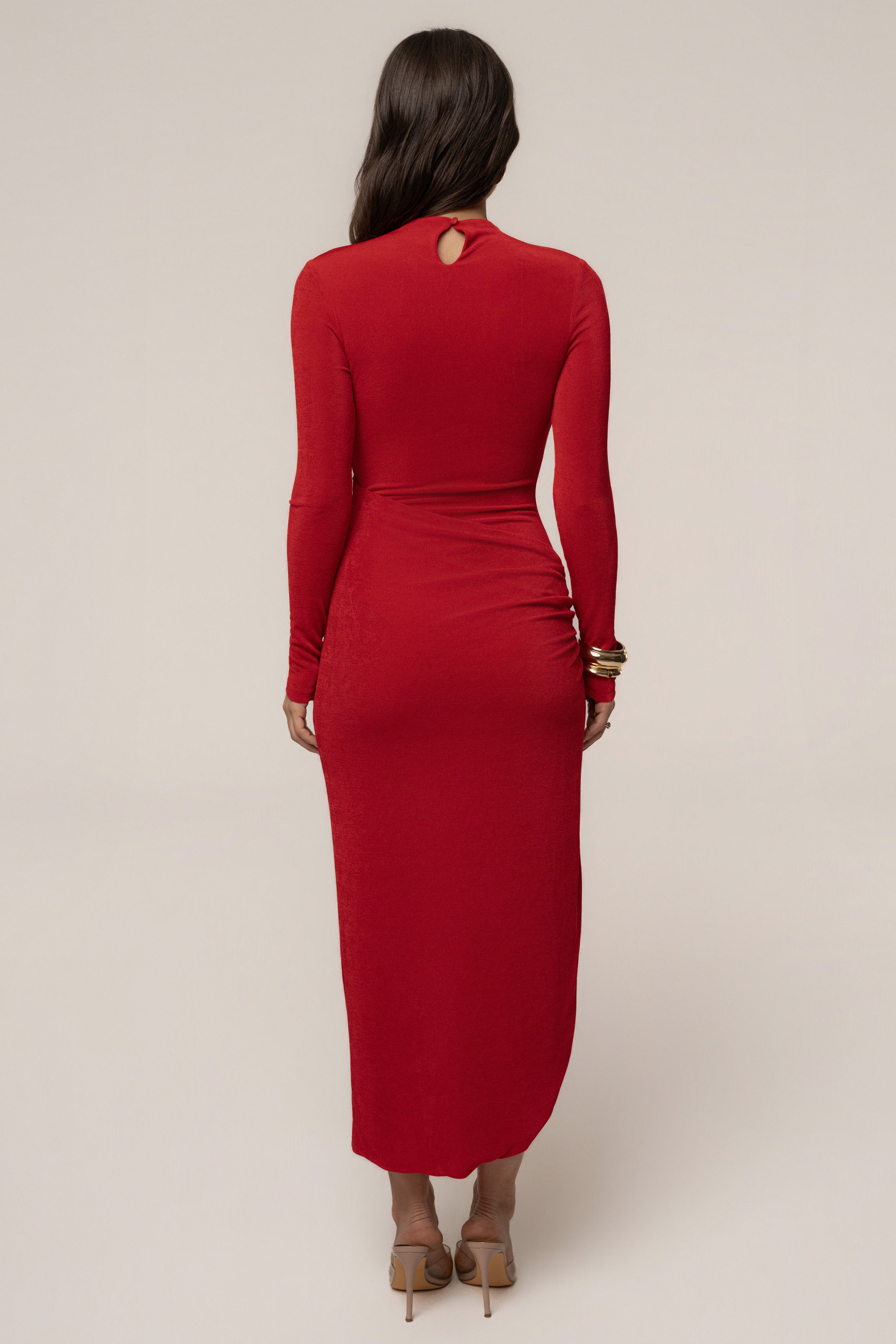 « Dernière Lueur » — Robe Midi Froncée à Fente, Rouge