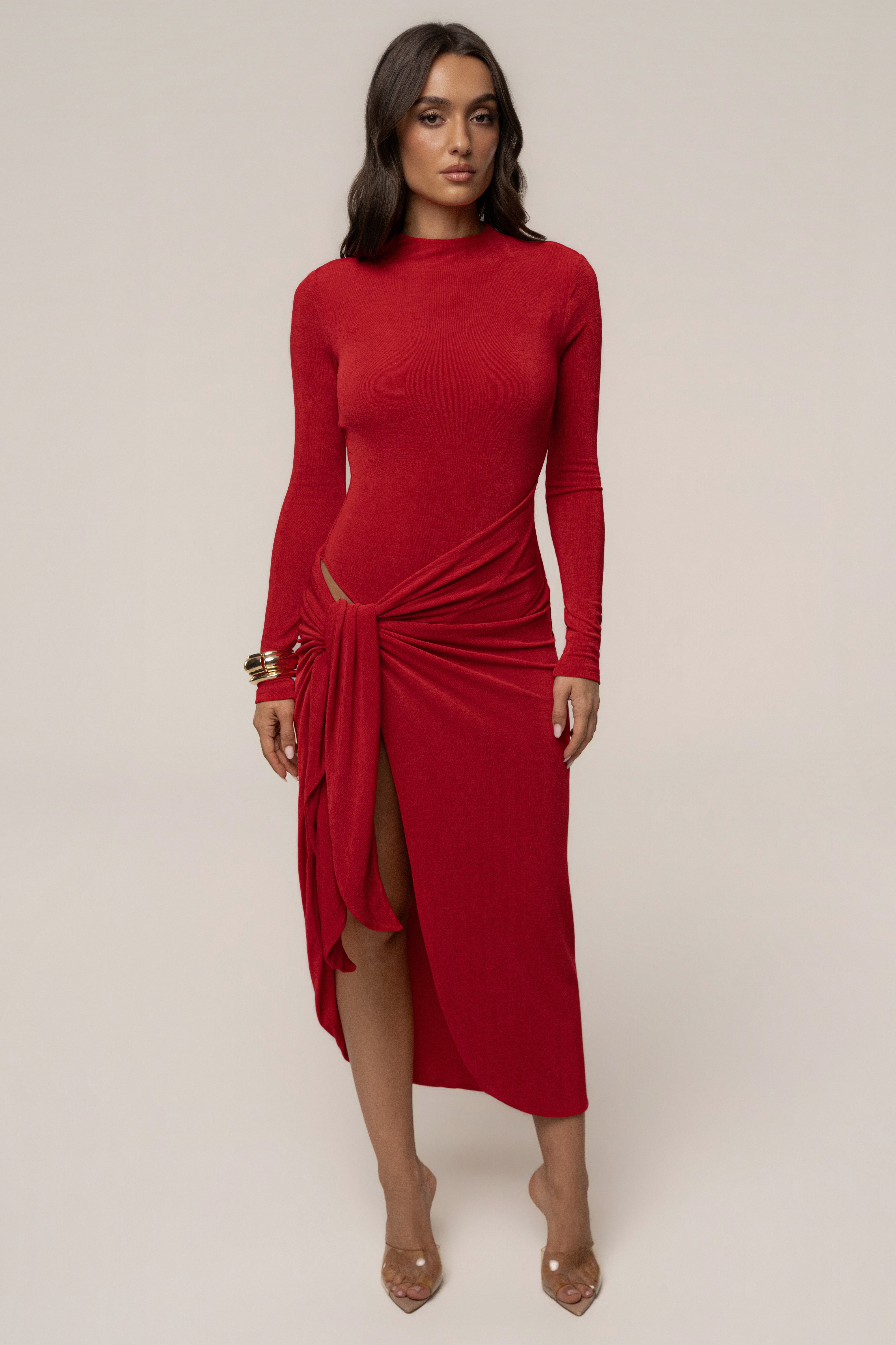 « Dernière Lueur » — Robe Midi Froncée à Fente, Rouge