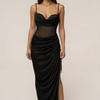 « Muse Sculptée » — Robe Longue Bustier Drapé, Noir