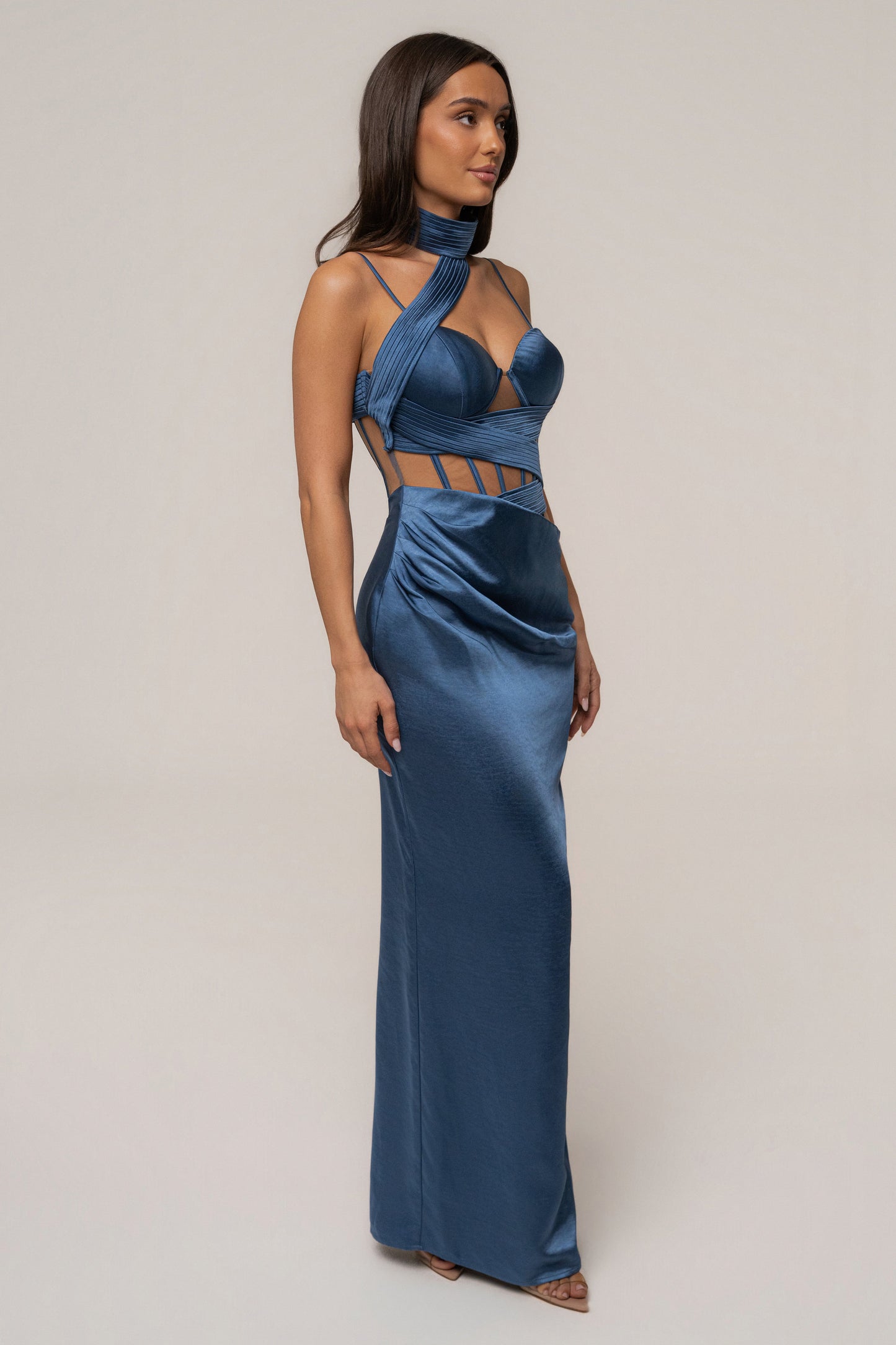 « Heure Dorée » — Robe Longue Corset, Bleu