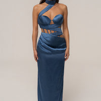 « Heure Dorée » — Robe Longue Corset, Bleu