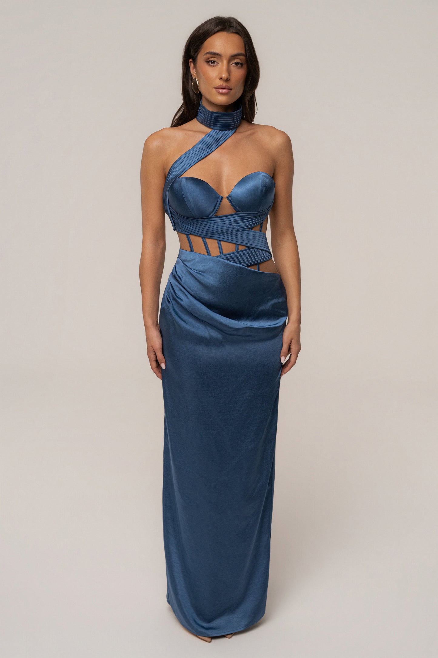 « Heure Dorée » — Robe Longue Corset, Bleu