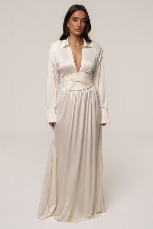 « Ligne Haute » — Robe Longue à Col, Crème