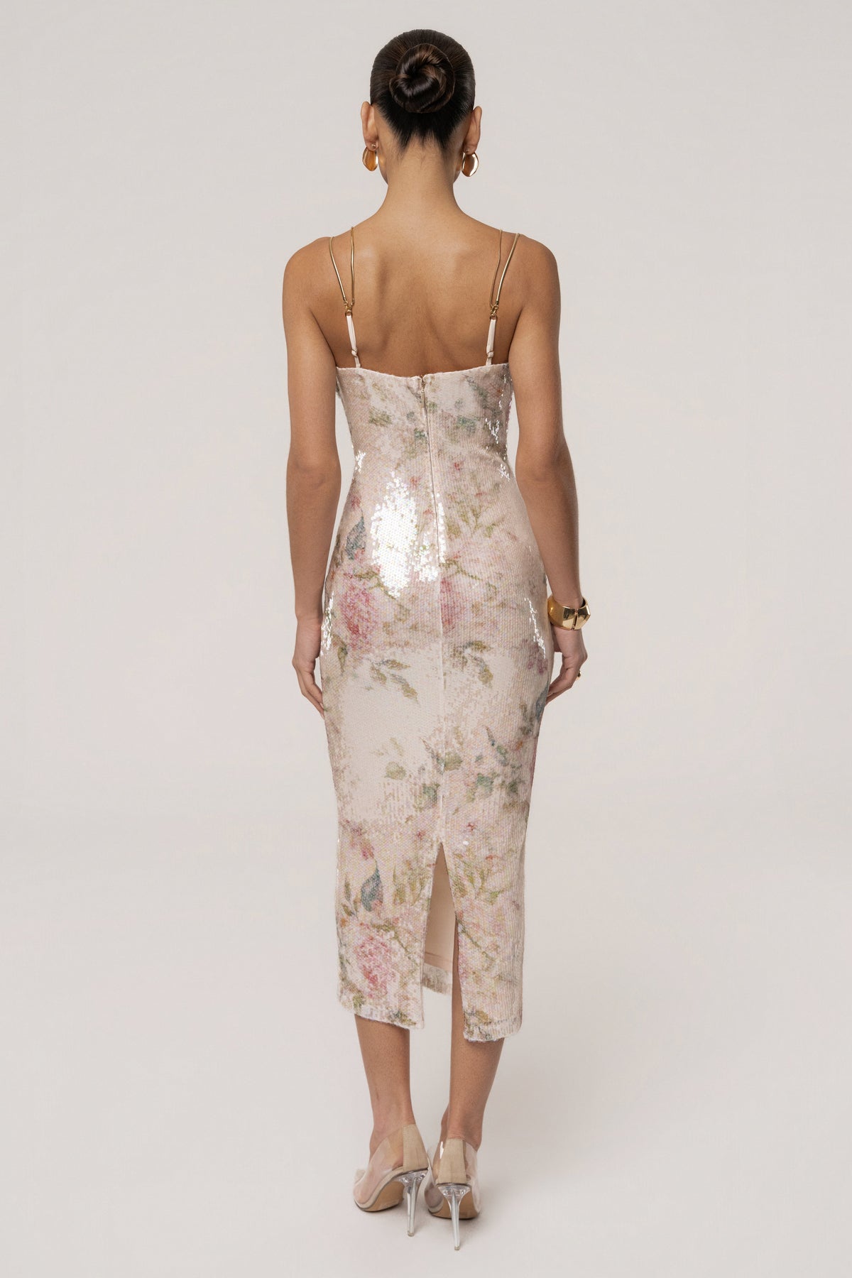 « Sienna » — Robe Mi-Longue Pailletée Fleurie, Ivoire